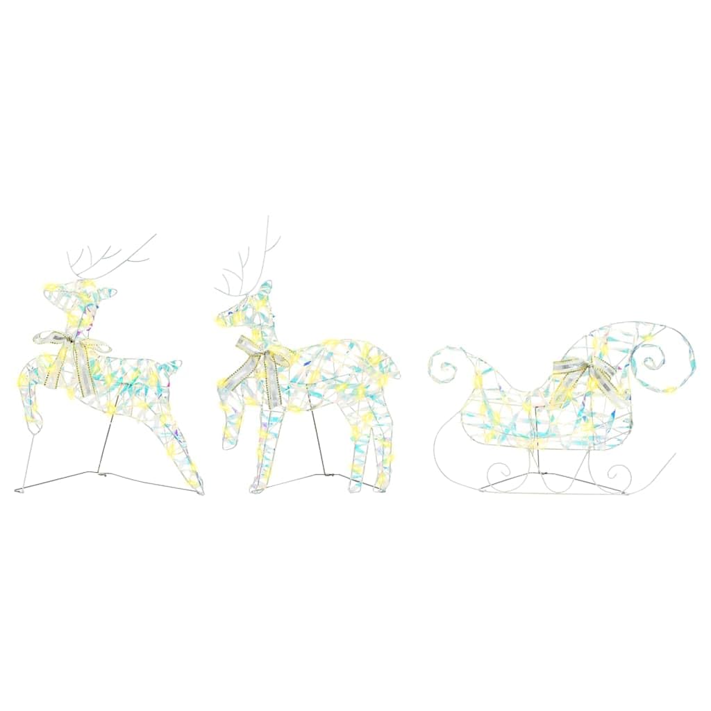LED Rentiere mit 60 LEDs warmes Weiß PET, 3-teiliges Set mit Schlitten, 44x18x65,5 cm, dekorative Weihnachtsfiguren für Wohnzimmer, Terrasse, Art-Deco-Stil, USB betrieben, wetterfest