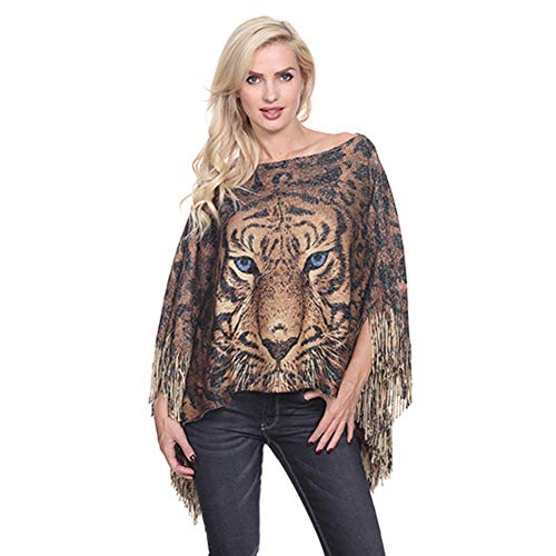 Fashion Secrets Tiger Print Sweater Poncho Cap with Fringes Brown