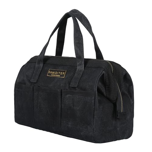 Tool Bag with Zipper, Heavy Duty 16oz Waxed Canvas Wide Mouth Tool Tote Bag, 13-inch Muti-Purpose Storage Tool Pouch with Side Pockets