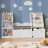 CHOEZON 53.1' Kids Bookshelf with Reading Nook, 4-in-1 Children's Bookcase with Soft Bench, Mobile Drawer & Fabric Bins, Storage Shelves, Bookshelf for Kids, White MCW18WB