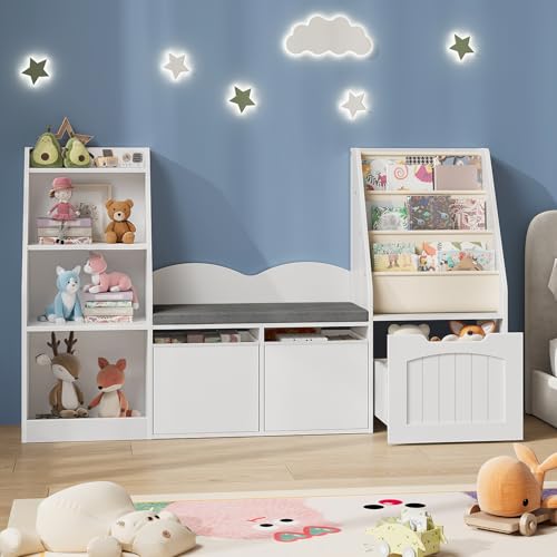 CHOEZON 53.1 Kids Bookshelf with Reading Nook 4-in-1 Childrens Bookcase with Soft Bench Reading Nook for Kids with Mobile Drawer & Fabric Bins Storage Shelves Bookshelf for Kids White MCW18WB