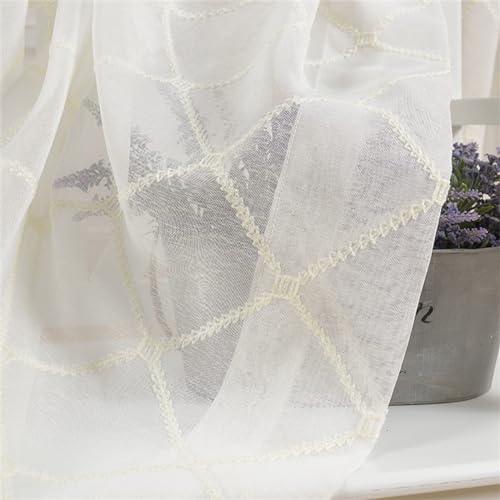Rideaux en voile transparent brodé à carreaux 140 x 183 cm - 2