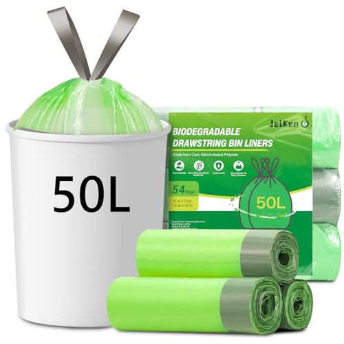 JelKen 54 Biodegradable Bin Liners 50L with Drawstring Tie Handle Food Waste Bags Strong Trash Bags (61 x 72cm)