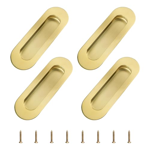 MOROBOR 4Pcs Stainless Steel Side Hole Flush Pull, Oval Bright Gold Embedded Sliding Door Handle Recessed Finger Pulls with Hidden Screws for Pocket Door Drawer Cupboard Wardrobe