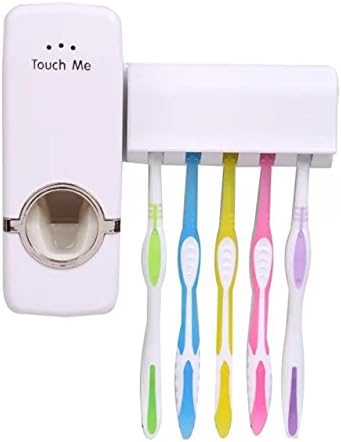 LareinaXXXRV Automatic Toothpaste Dispenser with Wall Mount Toothbrush Holder Toothpaste Squeezer with 5 Brushes Set Kids Hands Free Toothpaste Dispenser for Shower Bathroom Sink (White)