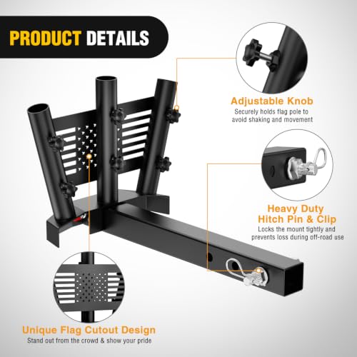 Image of Nilight Triple Hitch Mount Flagpole Holder fits 2 Inch Receivers