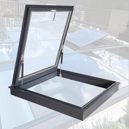 Ventana de techo de tragaluz para áticos y sótanos, marco de aluminio con diseño plano inclinado y aislamiento acústico de vidrio templado, 95 x 45 cm, ideal para terrazas e iluminación interior
