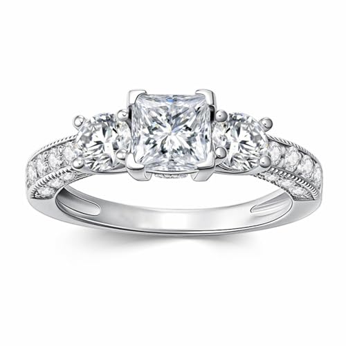 Blocaci Princess Cut Engagement Rings for Women Platinum Plated Silver 1-3/4 Carat(ctw) 3 Stone Moissanite Engagement Rings Vintage Women's Promise Ring