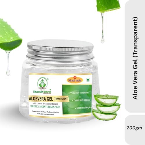 Image of Khadi Organic and Natural Aloe Vera Gel (Transparent) by Bhudevam Naturals | Soothing & Hydrating Gel for Skin & Hair | Natural Skincare for Pimples, Sunburn & Dryness, 200g