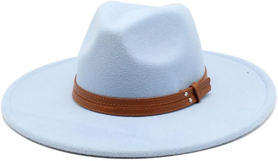 Classic Wide Brim Fedora Hat with Brown Leather Band, Black