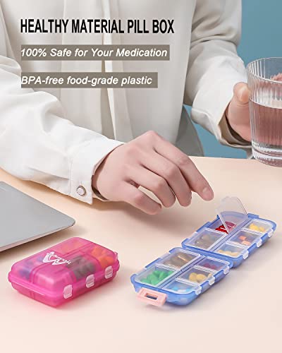 2 Pack Couple Travel Pill Case For Purse, 10 Compartments, Portable Small 7-Day Weekly Travel Pill Organizer Portable Pocket Pill Box Dispenser Pill Holders For Traveling (Blue + Light Red) #TOP5