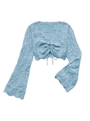 SHENHE Women's Crochet Knit Crop Top Hollow Out V Neck Drawstring Cropped Sweater Pullover