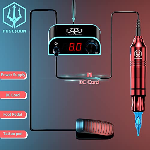 POSEIDON Rotary Tattoo Pen Kit for Beginners & Artists - Complete Tattoo Machine Set with Power Supply/20 Cartridge Needles/6 Ink Colors/Foot Pedal (TK019) - Image 5