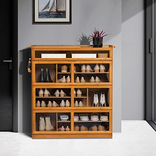 Image of MoNiBloom Shoe Storage Cabinet with Pull-Down Acrylic Doors & Tall Compartment for Heels Boots Shoes Rack for 28-33 Pairs Entryway Porch, Brown