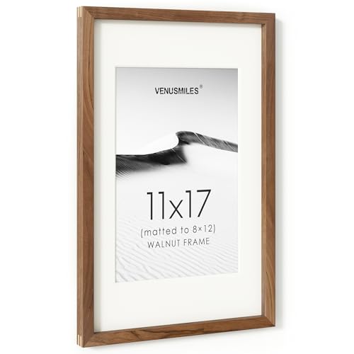 Image of 11x17 Picture Frame, USA-Sourced Natural Walnut Wood Photo Collage Frame with HD Tempered Glass, Modern Simple 11x17 Wooden Frame Matted to 8 x 12, Vertical & Horizontal Wall Hanging Display