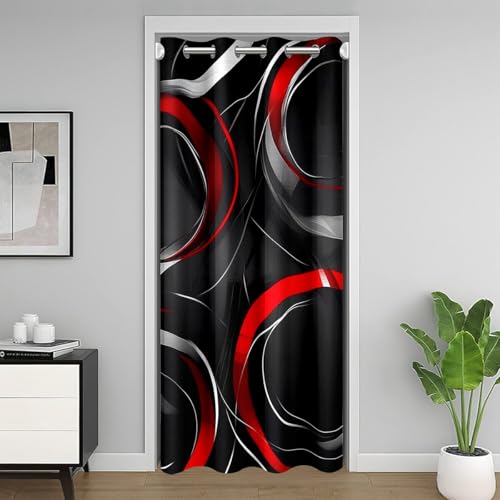 jejeloiu Cortina de puerta geométrica para privacidad en la puerta, cortina circular geométrica para puerta de armario, cortina para dormitorio, sala de estar, arte abstracto moderno, color rojo