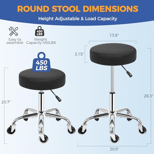 Image of ANWBROAD Round Rolling Stool with Wheels Height Adjustment 360 Swivel Stool Heavy Duty Wide Chair PU Leather Soft Seat Cushion for Massage, Salon, Bar, Home, Office, Tatoo, Medical, Black UWSC001B