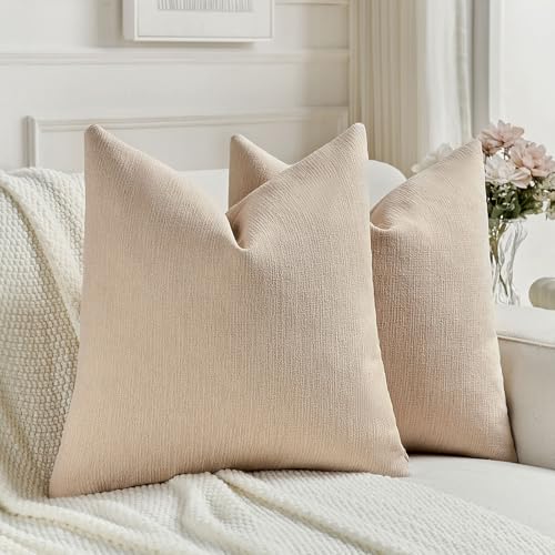 FUTEI Dusky Pink Chenille Decorative Throw Pillow Covers 22x22 Inch Set of 2,Soft Cozy Faux Linen Textured Cushion Case,Farmhouse Home Decor for Couch Living Room