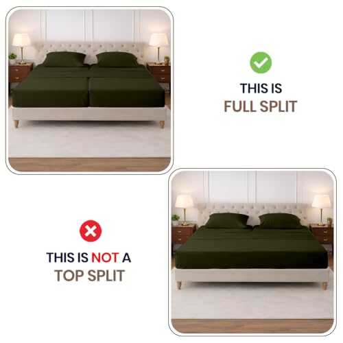 Image of SGI Split King Sheet Set for Adjustable Bed Egyptian Premium Cotton 600 Thread Count Sheets for Sleep Number Bed 15 inch Deep Pocket 5 Pc Set with 2 Twin XL Fitted Sheets Soft Breathable - Olive Green