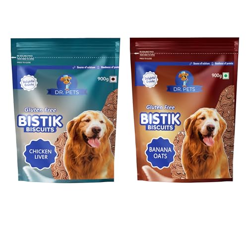 Image of Dr.Pets Bistik Dog Food Adult - Dog Biscuits for Adult Dog & Puppy, Gluten Free Healthy Treats with Fresh & Natural Ingredients, Banana Oats & Chicken Liver Flavor 900g Each (Combo Pack)