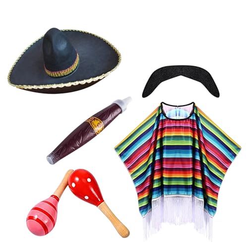 Conjunto de 6 ponchos mexicanos para homem, poncho mexicano, carnaval, festa temática, poncho e chapéu, jogo de festa temática, carnaval, roupas mexicanas, jogos de fantasia