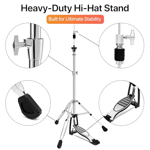 Image of 25mm Heavy Duty Hi Hat Stand, Double Braced 3-Leg Foldable Portable High Hat Stand, Thicker 25mm Tube for Pro Drummers, Adjustable Height Smooth Action Pedal for Crash Ride Splash Cymbals