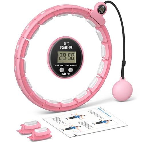 MERACH Hula Hoop voor Volwassenen met Calorieteller en Gewichtskogels, Stille Fitness Hula Hoop, Uitneembaar, Voor Taille 84-144 cm, Voor Vetverbranding en Cardio, Thuis Trainingsapparaat - Roze