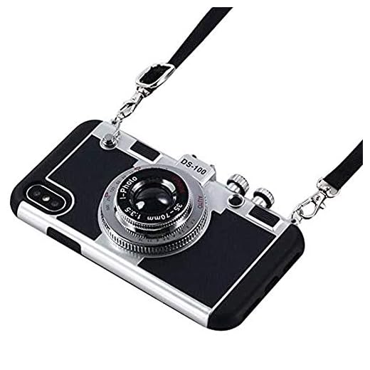 Umiko iPhone Xs Max Case, (TM) 3D Cool Camera Design Case PC + Silicone Cover Case with Long Strap Rope for Apple iPhone Xs Max (Moderate Hardness), Black
