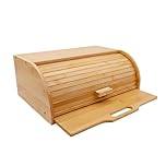 Maison Des Cadeaux Roll Top Bamboo Bread Bin Box with Built-in Pull-Out Chopping Board Countertop Storage