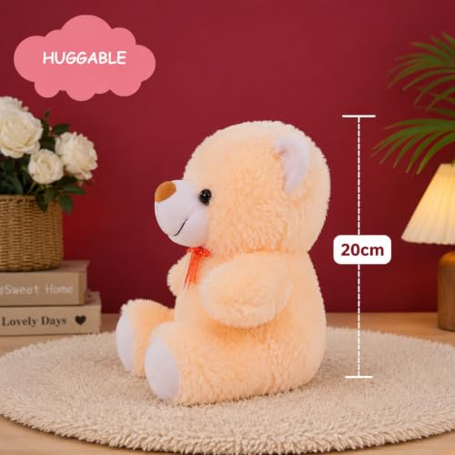 Image of Plush Teddy Bear, 20 cm, Butter Yellow with Orange Bow, Soft Stuffed Animal