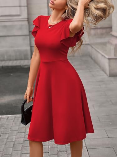 Image of MSLG Women's Fit and Flare Ruffle Short Sleeves Dresses Work V-Back Cocktail Semi Formal A Line Dress with Pockets 842