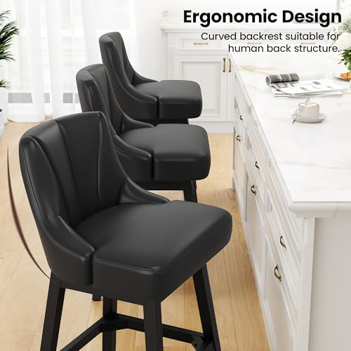 Silla de Bar REONEY Giratoria, Taburete de 26" con Asiento Tapizado de Cuero PU Impermeable, Diseño Moderno con Respaldo y Patas de Madera Maciza, para Cocina o Bar en Casa, Negro miniatura 5