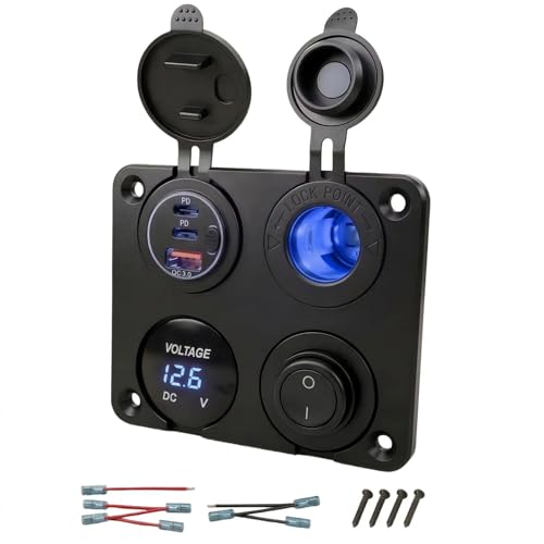 Intckwan Prise USB-C 4-en-1 12V avec Allume-Cigare 150W, Chargeur Triple Port (Max 75W), Voltmètre LED Bleu et Interruptur à Bascule Étanche pour Voiture, Bateau,...