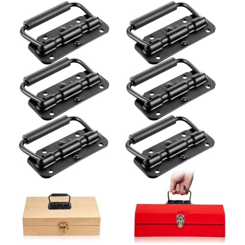 Oungy Lot de 8 poignées pliantes en acier inoxydable - 100 mm - Noir - Poignées en métal avec ressort - Poignée de caisse avec poignée en caoutchouc pour boîte à outils, boîte à outils, boîte à outils