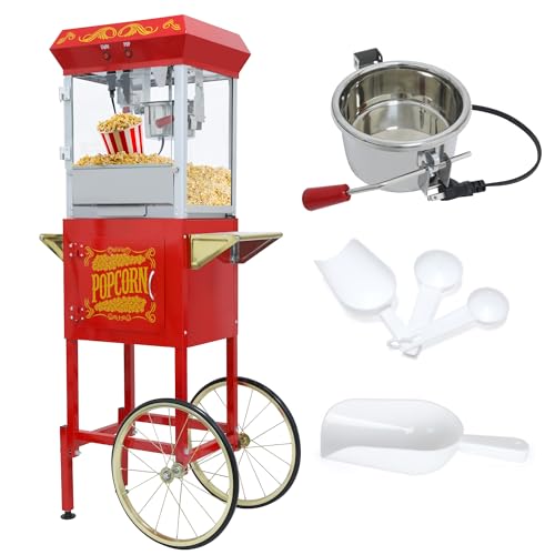 Image of 8 Oz Popcorn Machine Cart, 650 W, Popcorn Maker Machine with Stainless-Steel Kettle, Movie Theater Popcorn Machine with Steel Frame Tempered Glass Doors & Heated Warming Deck, Red