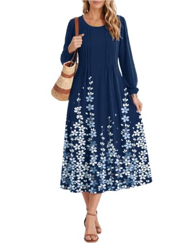 Image of Zeagoo Fall Dresses for Women Long Sleeve Midi Dress Casual A Line Dresses 2026 Pleated Flare Dress with Pockets