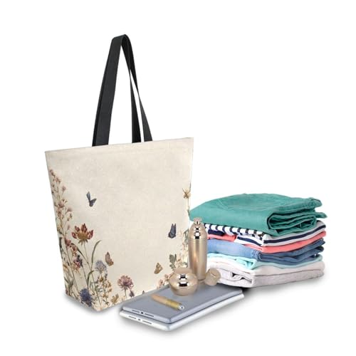 Extra Large Shoulder Tote Bag for Beach Travel Weekender Gym Vintage Wildflowers Butterfly Beige Floral Reusable Grocery Canvas Shopping Bag3