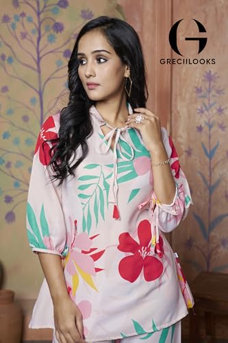 Greciilooks Women Rayon Blend Floral Ethnic Wear Formal Kurta Co-Ord Set (Gl-W1847&Tr904-S-Beige)