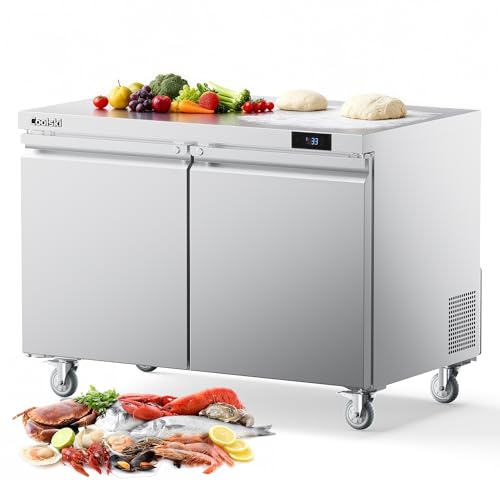 Image of Coolski 48 inchW Commercial Undercounter Refrigerator, 13.4 Cu.ft. Freestanding Stainless Steel, Double Door Under Counter Industrial Worktop Fridge for Restaurant, Bar, Shop, Kitchen Use