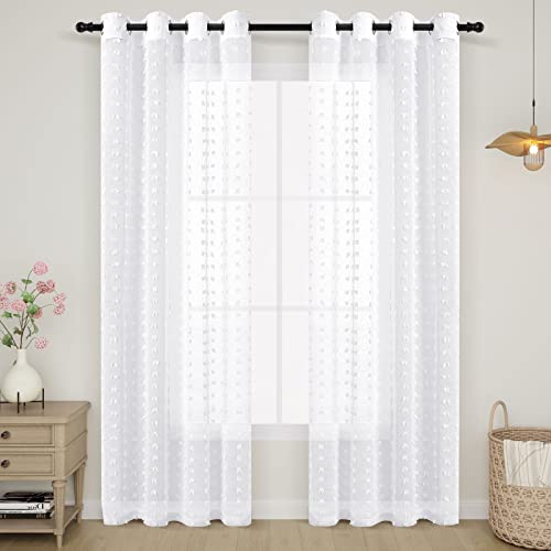 Guken Grommet Pom Pom Sheer Curtains 84 Inch Length 2 Panels Set For Living Dining Room White Textured Curtain For Bedroom Floor Length Semi Sheer Voile Boho Farmhouse Curtain Panels 52X84 Inches Long #TOP1