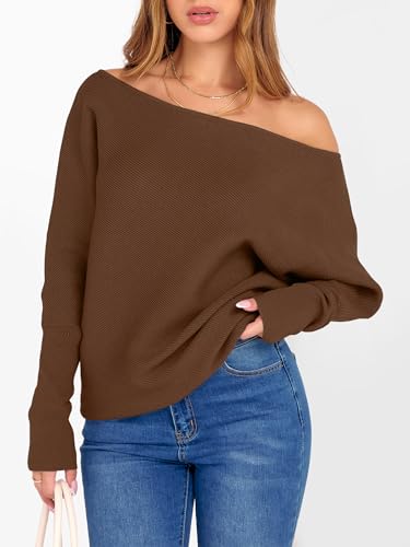 Image of ANRABESS Womens Off Shoulder Sweaters 2026 Fall Long Batwing Sleeve Loose Fit Knit Tops Casual Pullovers Jumpers