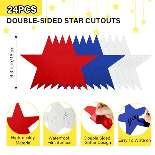 Image of 24PCS Star Cutouts, Red White Silver Double Printed Paper Stars Cutouts, Cardboard Star Cutouts, 6 Inch Glitter Stars Decorations for 4th of July Independence Day Christmas Movie Night Classroom Wall