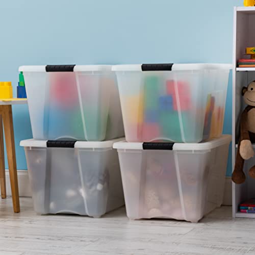 Image of IRIS USA 54 QT Plastic Storage Box with Lid and Latches - 4 Pack - BPA-Free, Discreet Organizing Solution, Durable Nestable Stackable Containers, Secure Pull Handle - Pearl
