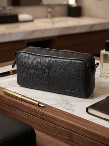 Image of Calfnero Genuine Leather Toiletry Bag for Men & Women | Premium Leather Travel-Pouch | Toiletry Organizer | Cosmetic & Shaving Kit Bag | Unisex Travel Dopp Kit (Black)