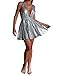 R.Vivimos Women's Sequin Dress Spaghetti Strap Sexy Deep V Neck Backless Glitter Club Party Skater Swing Mini Dress (Small, Silver)