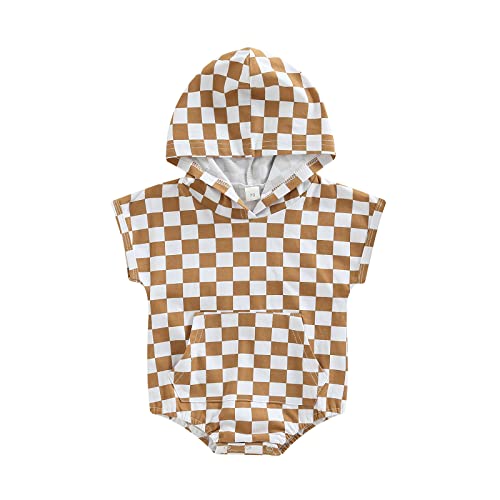 Image of AEEMCEM Toddler Baby Boy Checkerboard Print Romper Short Sleeve Hooded Plaid Jumpsuit Bodysuit Outfit Cute Summer Clothes (Khaki, 3-6 Months)