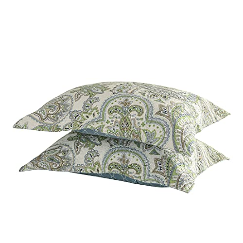 vctops 2-Piece Paisley Printed Cotton Quilted Pillow Shams Vintage Decorative Pillow Covers Boho Pillow Cases Queen Size, Green Print