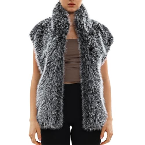 Amazhiyu Faux Fur Gilet for Women UK, Winter Open Front Cardigan with Pockets, Sleeveless V Neck Outwear Fluffy Vest Black M