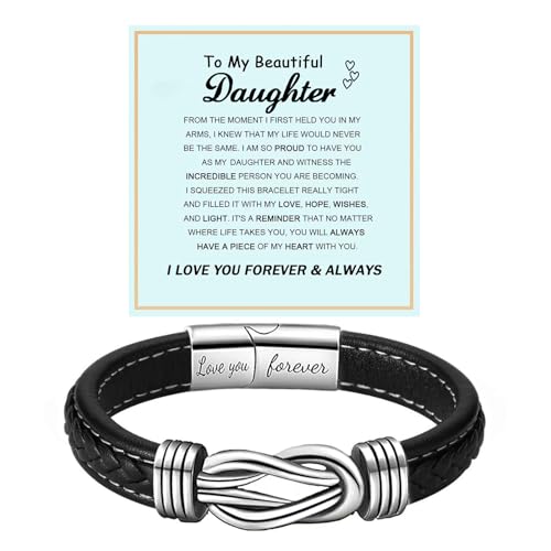To My Daughter Love You Forever Bracelet, Mother and Daughter Braided Leather Inspirational Wristband Stainless Steel Infinity Knot Engraved Bangle Gift from Mom
