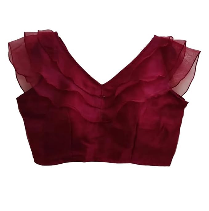 Image of Pujia Mills Women's V Neck Orgenza Three Layer Ruffle Sleeve Frill Readymade Saree Blouse